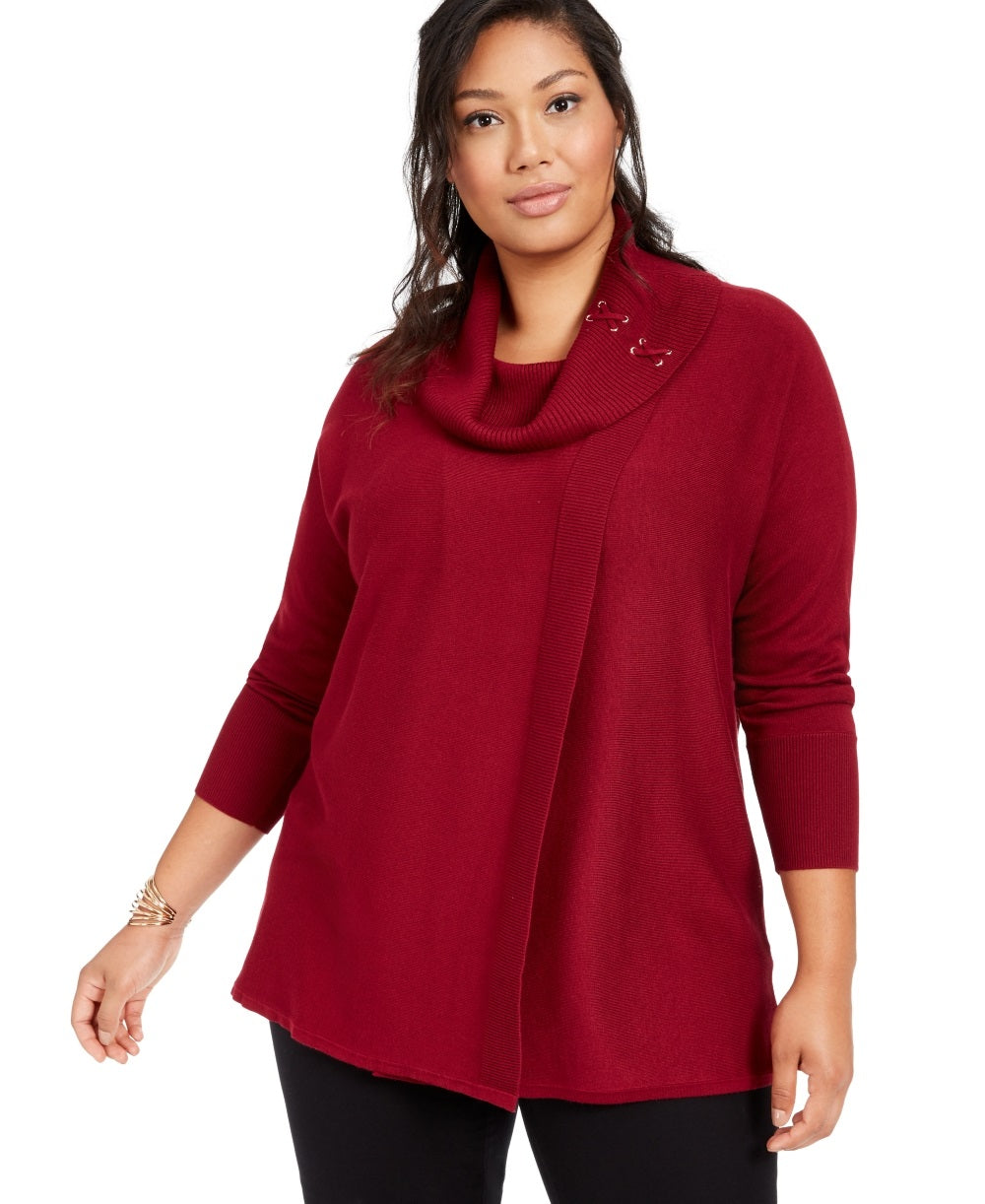 JM Collection Women's Plus Lace Up Cowlneck Sweater Red Size 0X