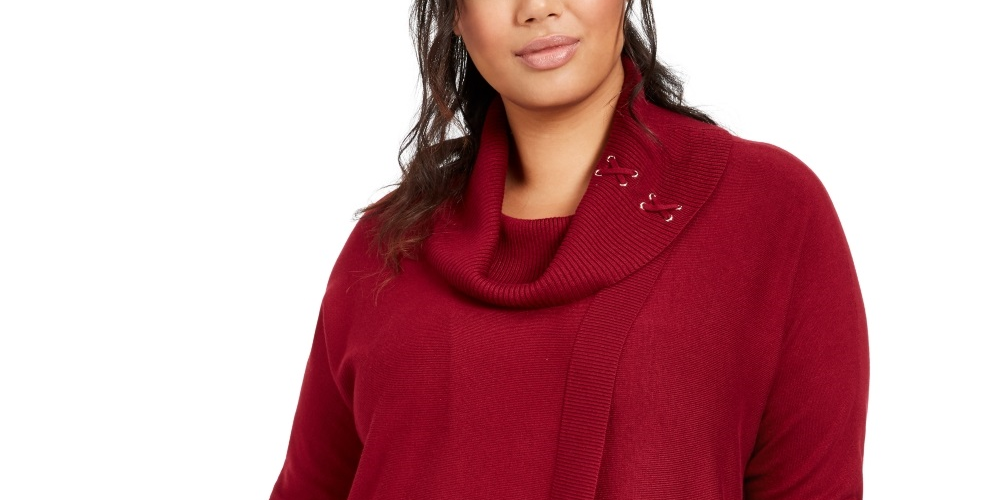JM Collection Women's Plus Lace Up Cowlneck Sweater Red Size 0X