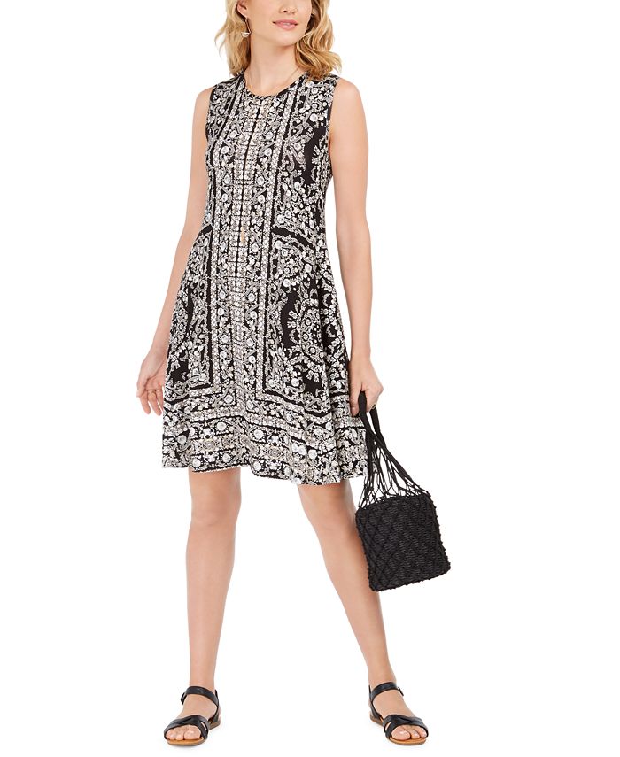 Style & Co Women's Sleeveless Printed Swing Dress Black Size Small