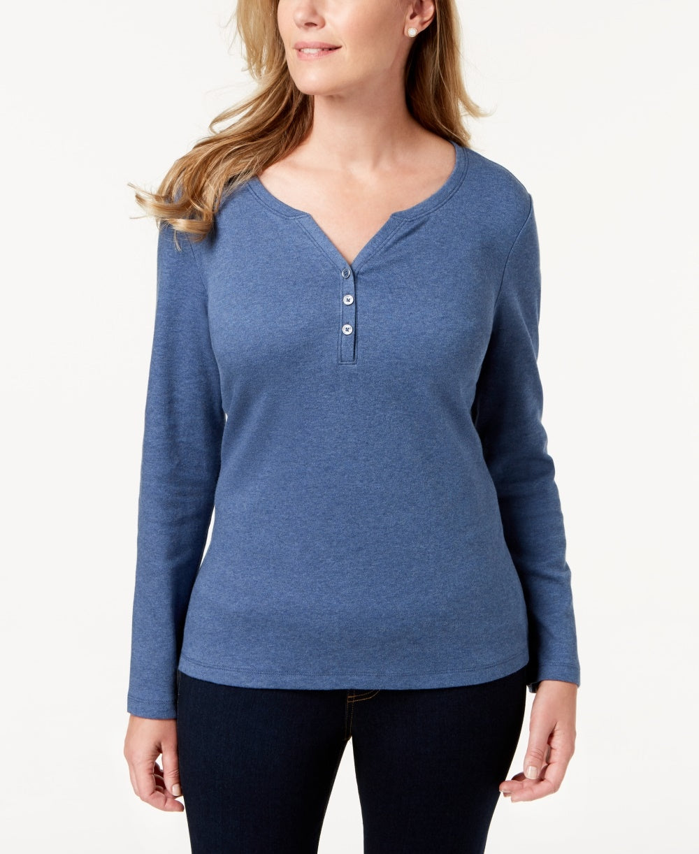 Karen Scott Women's Cotton Henley Top Blue Size Medium