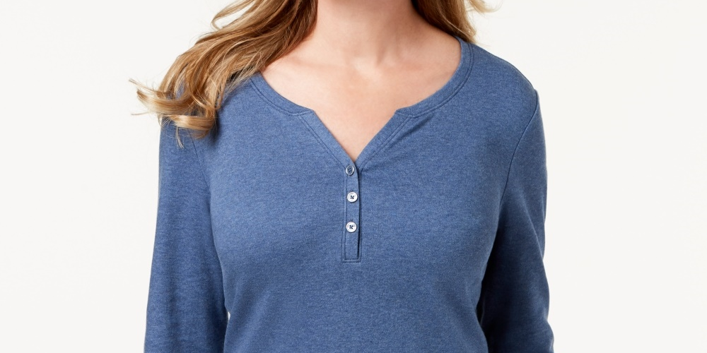 Karen Scott Women's Cotton Henley Top Blue Size Medium