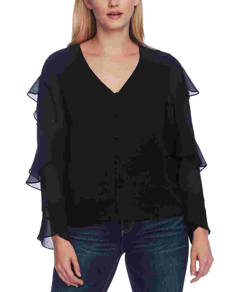 Vince Camuto Women's Chiffon Ruffled Button-Down Top Gray Size Large