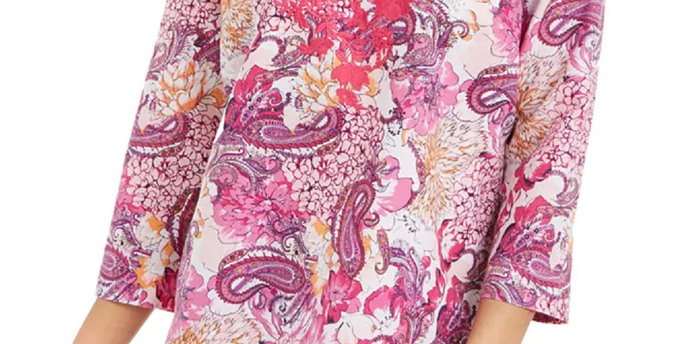 Charter Club Women's Linen Blend Embroidered Neck Printed Tunic Pink Size Medium