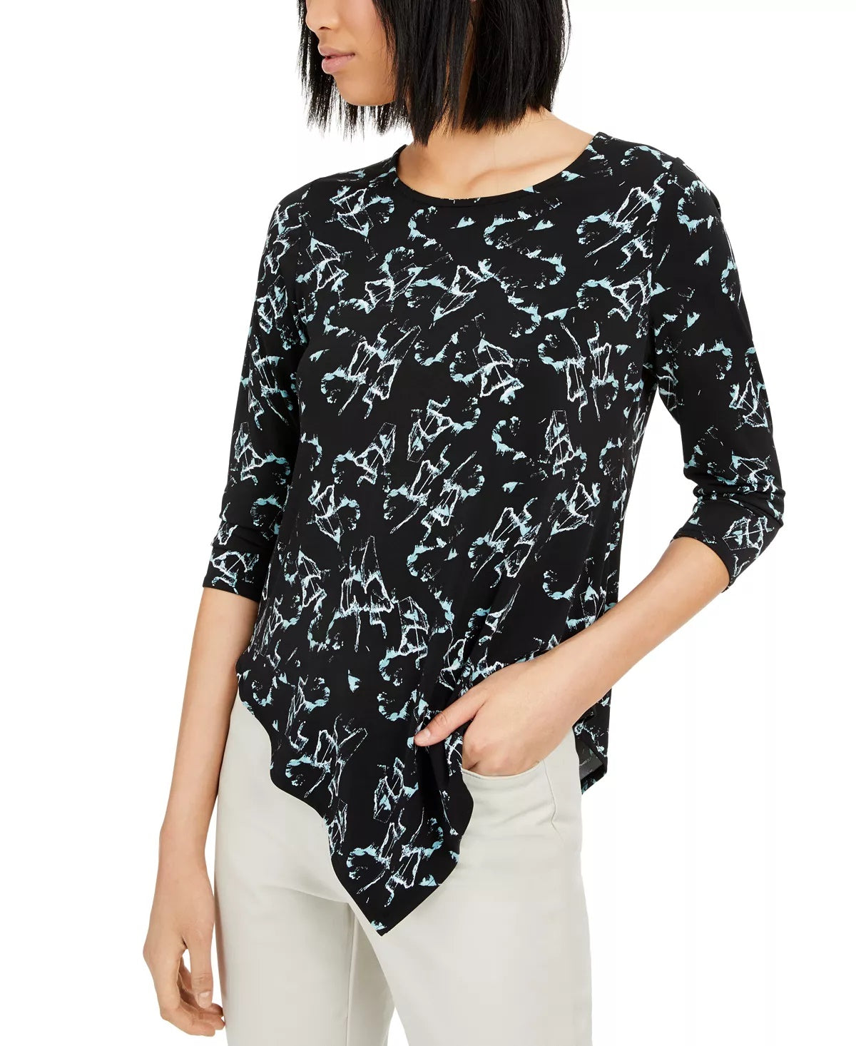 Alfani Women's Petite Printed V-Hem Top Black Size Small