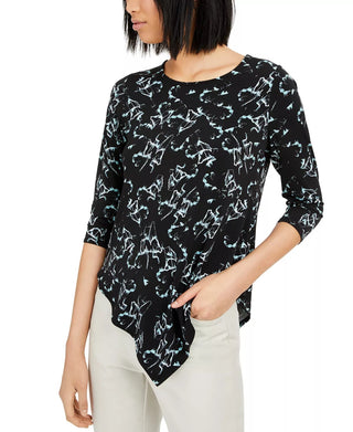 Alfani Women's Petite Printed V-Hem Top Black Size Small