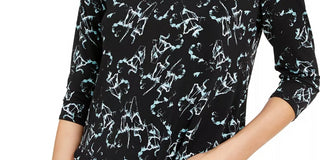 Alfani Women's Petite Printed V-Hem Top Black Size Small