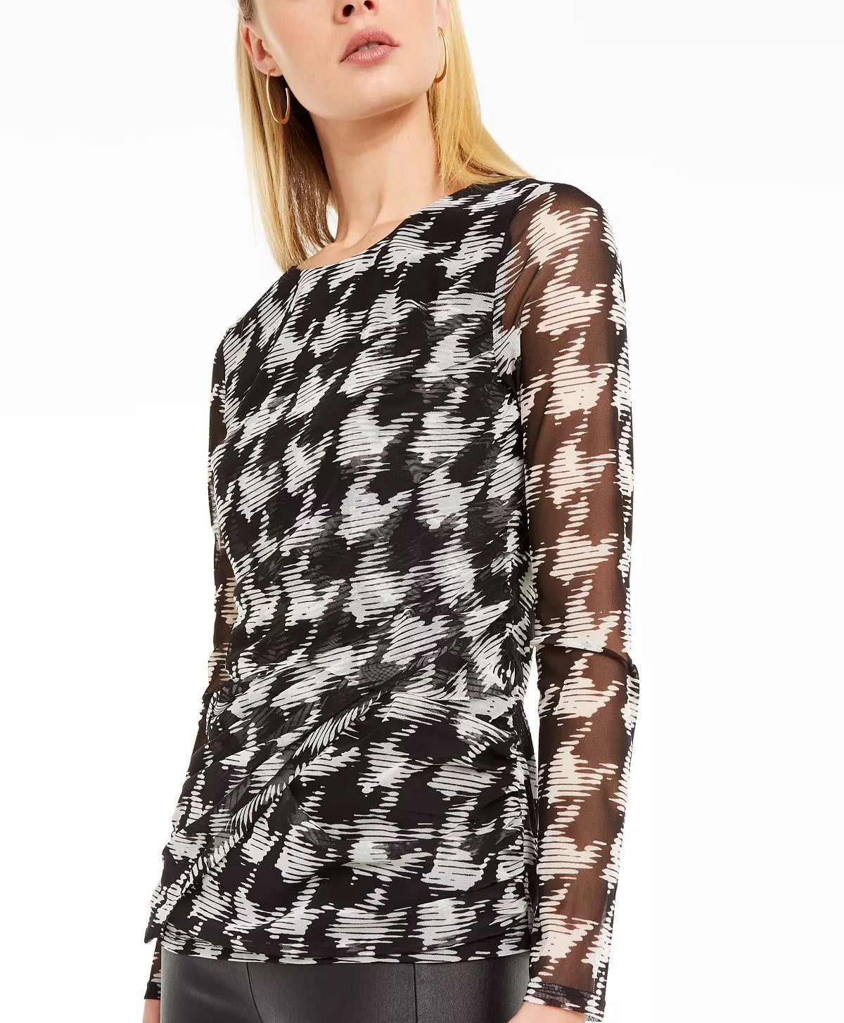 INC International Concepts Women's Printed Sheer Sleeve Top White Size -PL