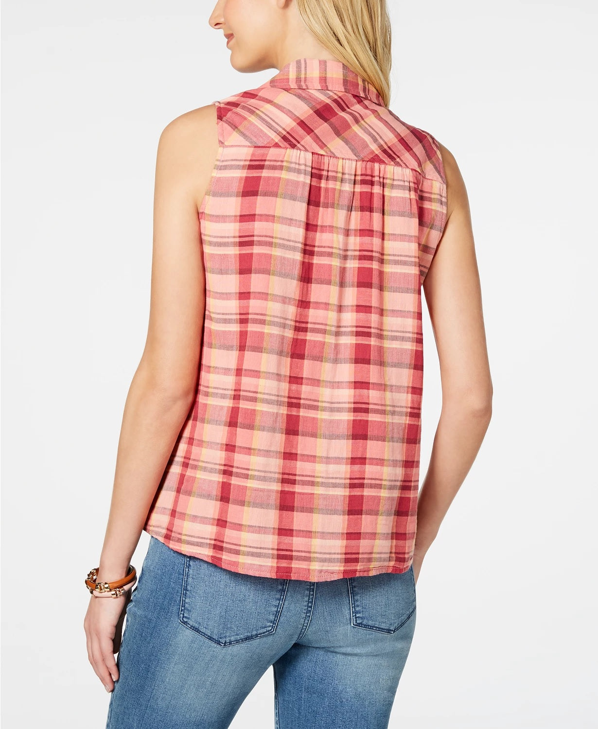 Style & Co Women's Plaid Sleeveless Top Pink Size Medium