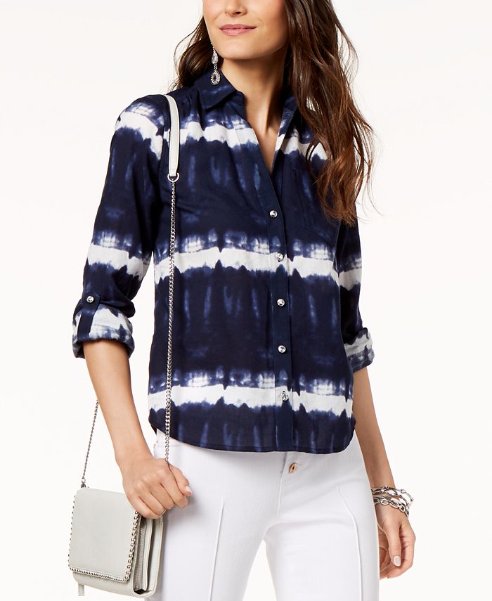 INC International Concepts Women's Cotton Tie Dye Button up Top Blue Size Petite Large