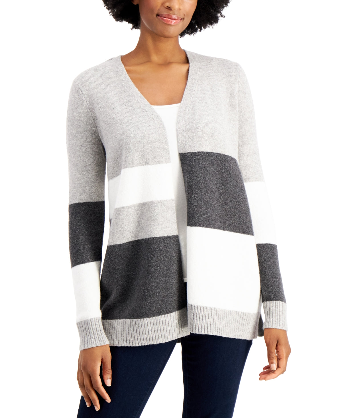Charter Club Women's Colorblocked Knit Cardigan Gray Size Small