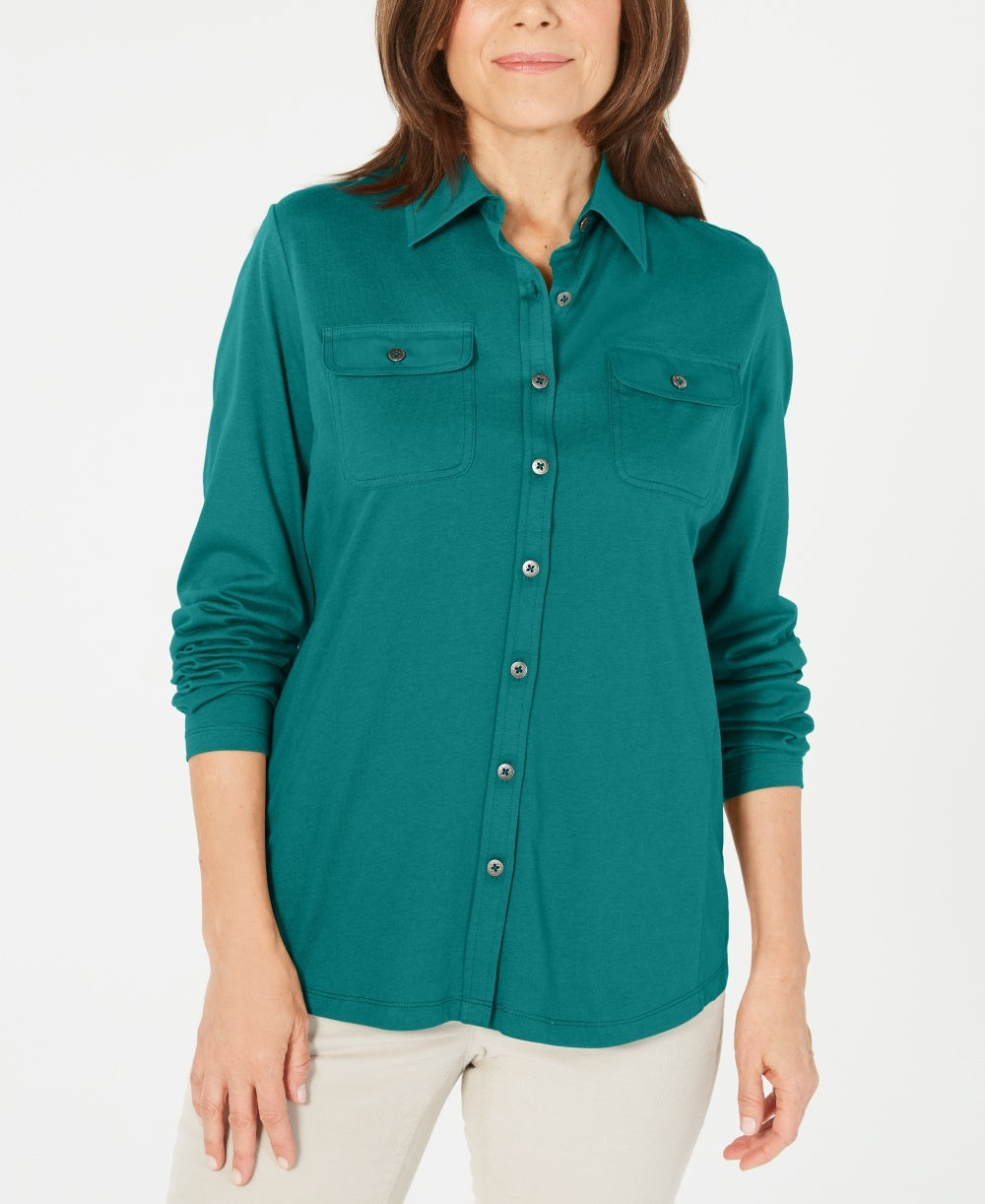 Karen Scott Women's Mixed Media Button Front Top Blue Size Large