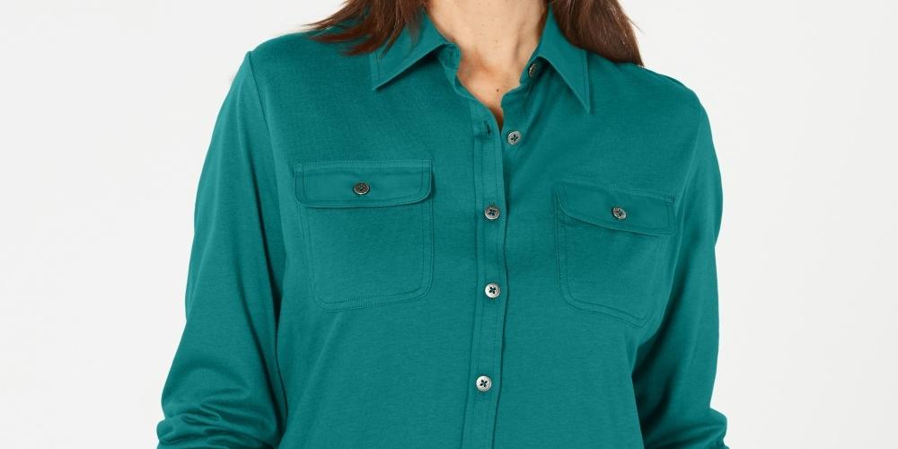 Karen Scott Women's Mixed Media Button Front Top Blue Size Large