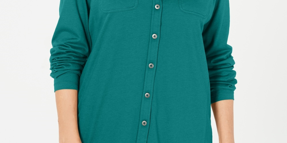 Karen Scott Women's Mixed Media Button Front Top Blue Size Large