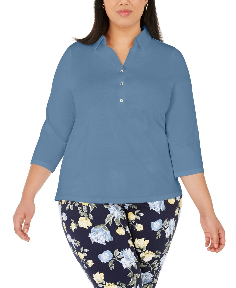 Charter Club Women's Plus Cotton Polo Top Blue Size 0X