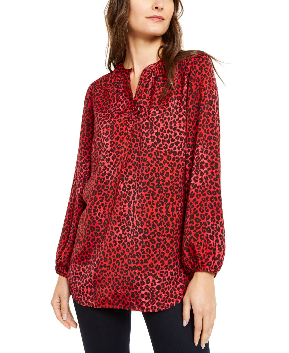 NY Collection Women's Printed Split Neck Bishop Sleeve Top Red Size Petite XL