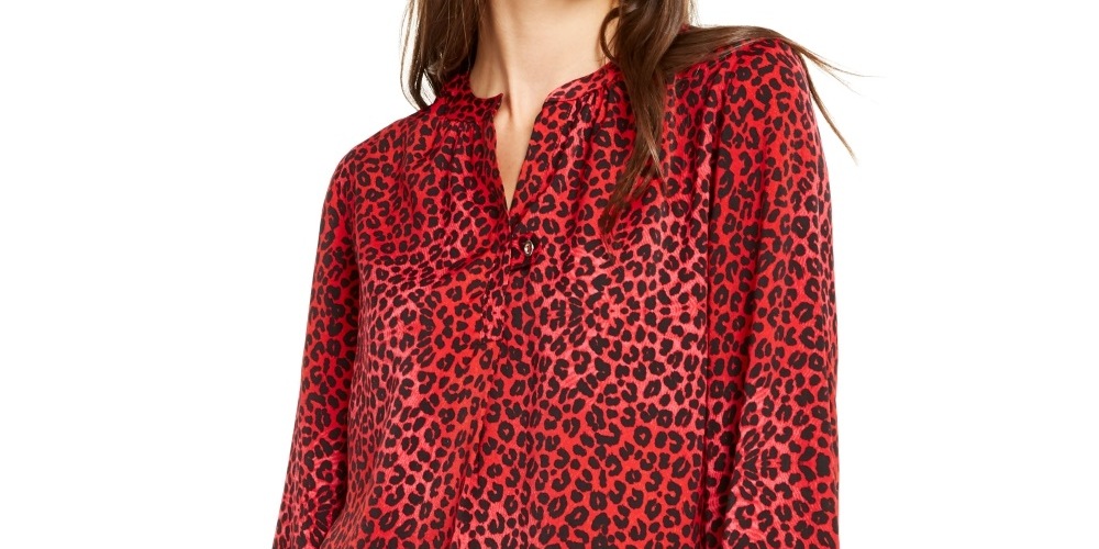 NY Collection Women's Printed Split Neck Bishop Sleeve Top Red Size Petite XL
