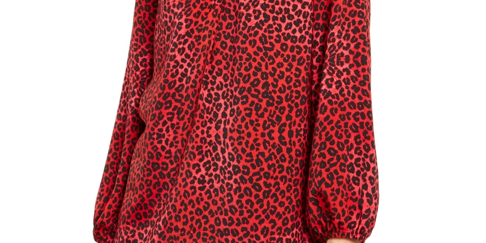 NY Collection Women's Printed Split Neck Bishop Sleeve Top Red Size Petite XL