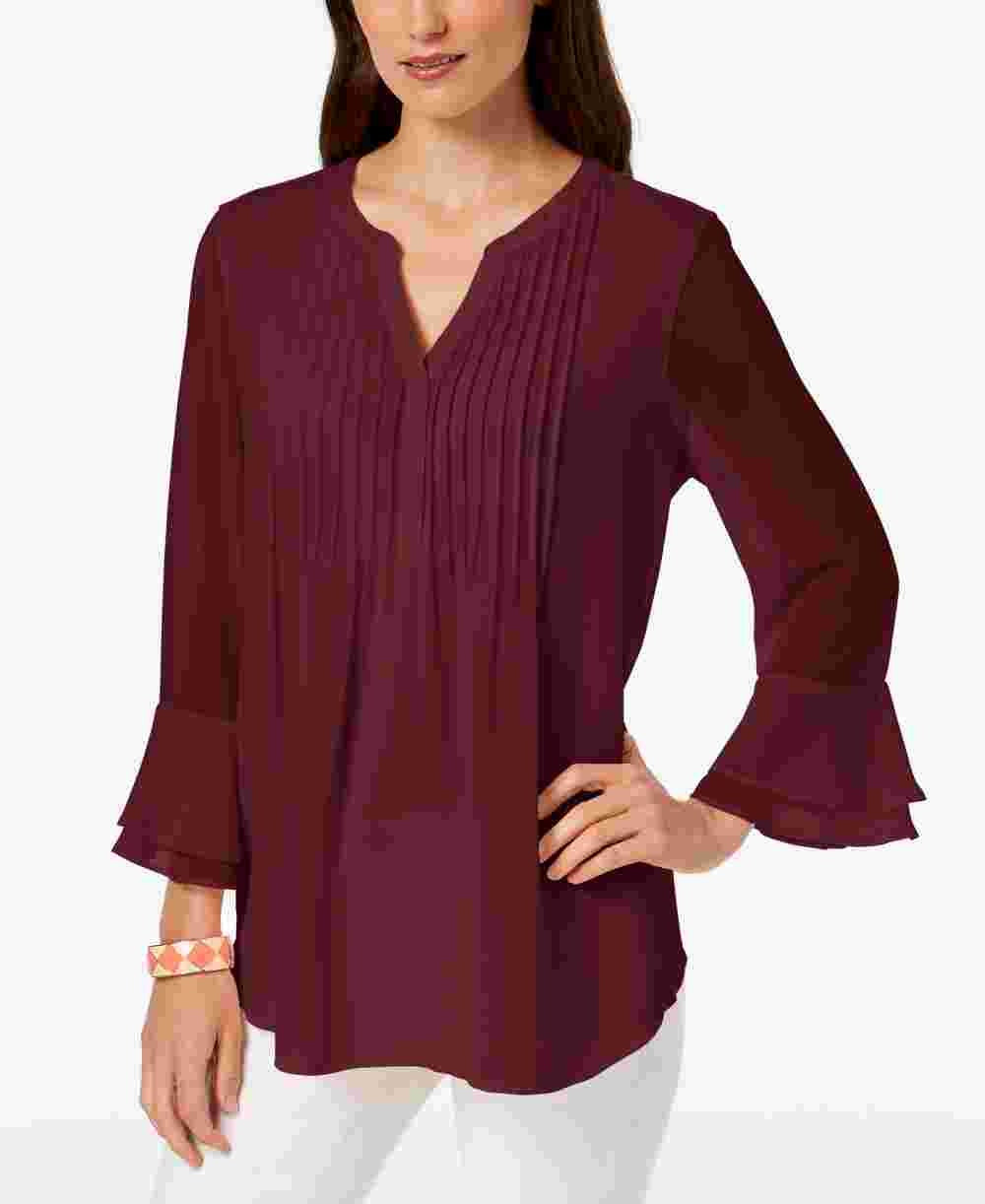Charter Club Women's Petite Double Ruffle Solid Pintuck Top Wine Size Petite Small