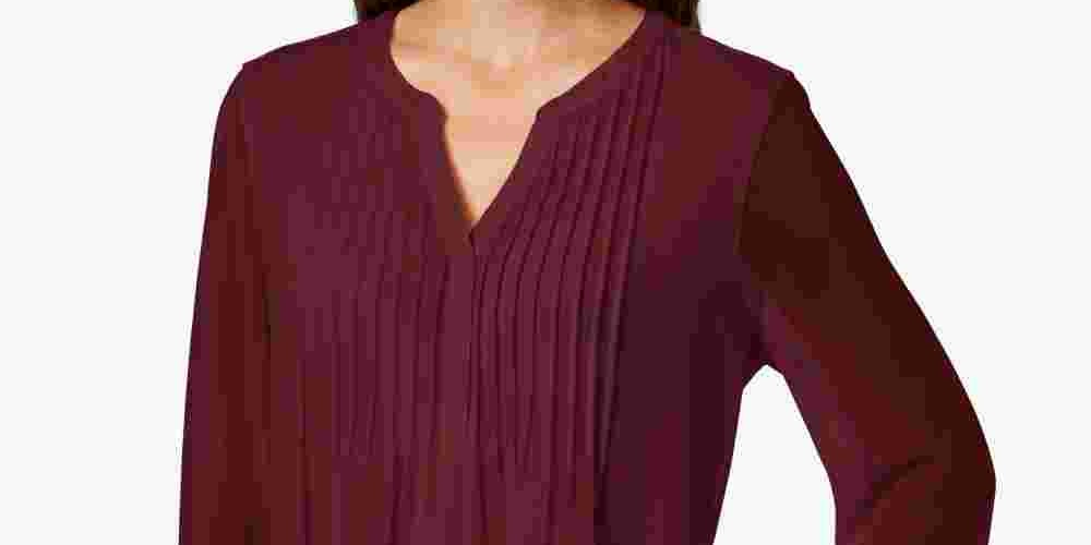 Charter Club Women's Petite Double Ruffle Solid Pintuck Top Wine Size Petite Small