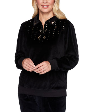 Alfred Dunner Women's Pullover Sweaters Embellished Velour Quarter Zip Pullover Black Size Petite M