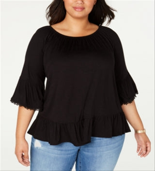 Style & Co Women's Plus Flounce 3/4 Sleeve Top Black Size 0X