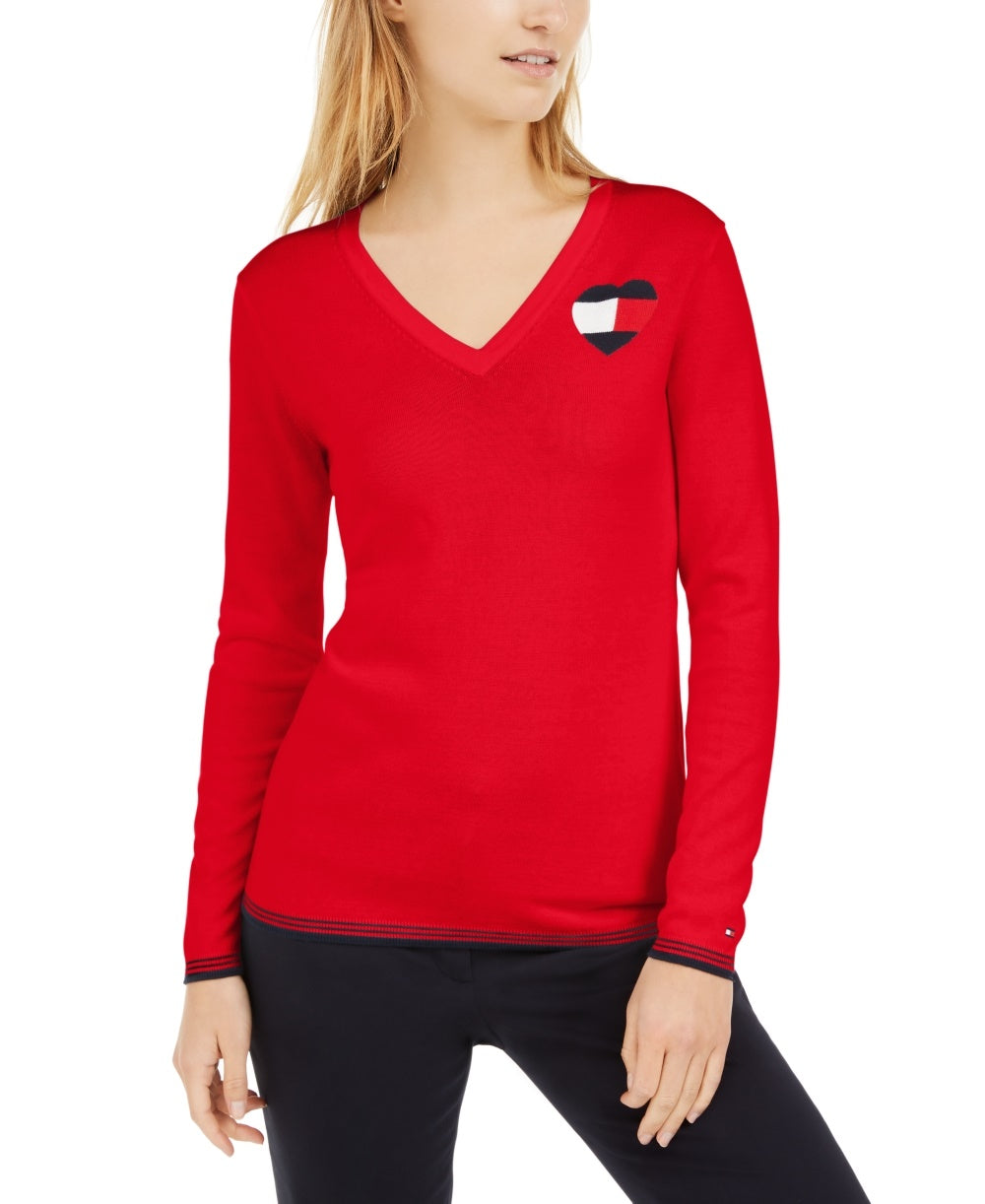 Tommy Hilfiger Women's Cotton Logo Heart Sweater Red Size Large
