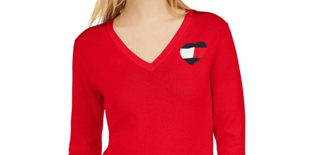 Tommy Hilfiger Women's Cotton Logo Heart Sweater Red Size Large
