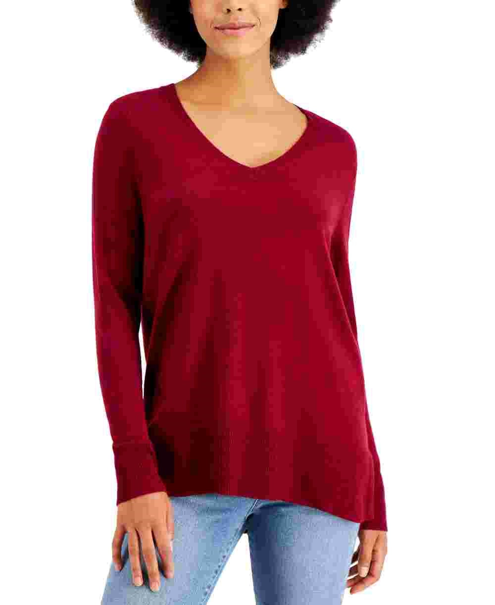Style & Co Women's V Neck Band Hem Sweater Red Size Large