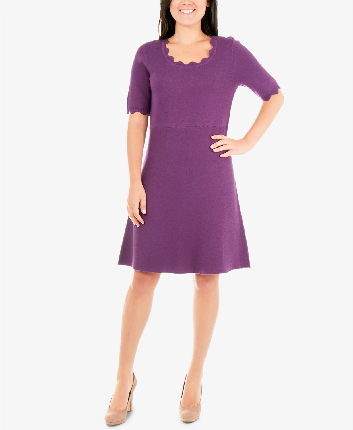 NY Collection Women's Scalloped Fit & Flare Sweater Dress Pink Size Petite S