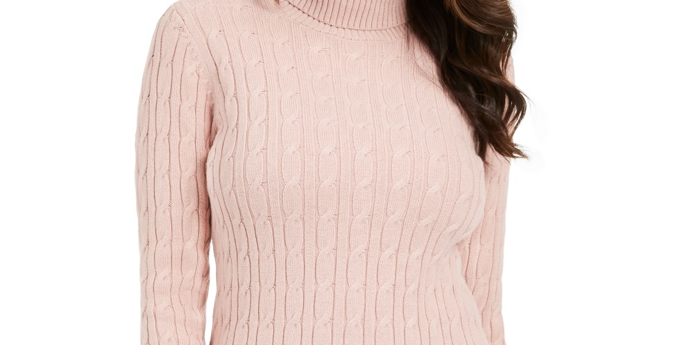 Charter Club Women's Cable Knit Turtleneck Sweater Pink Size Petite Small