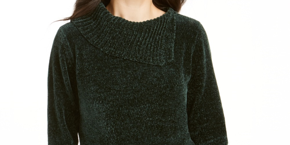 Karen Scott Women's Envelope Neck Chenille SweaterGreen  Size PS