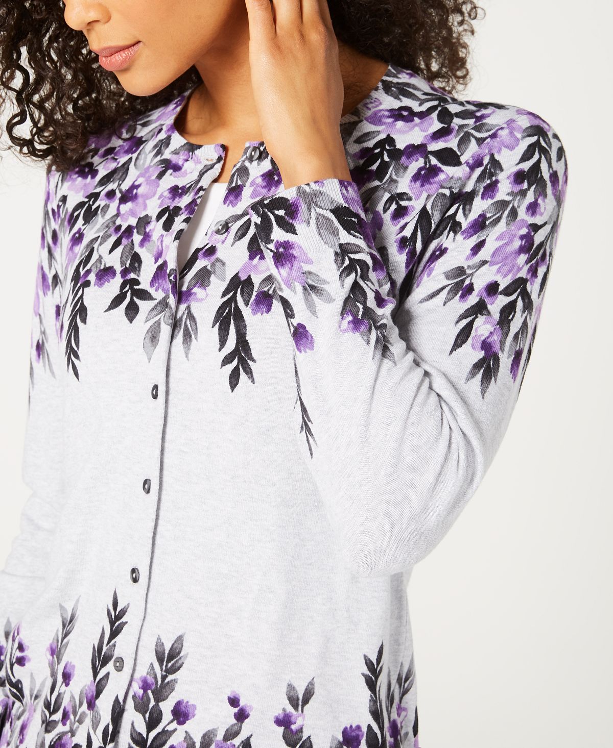 Karen Scott Women's Floral Print Cardigan Gray Size Petite