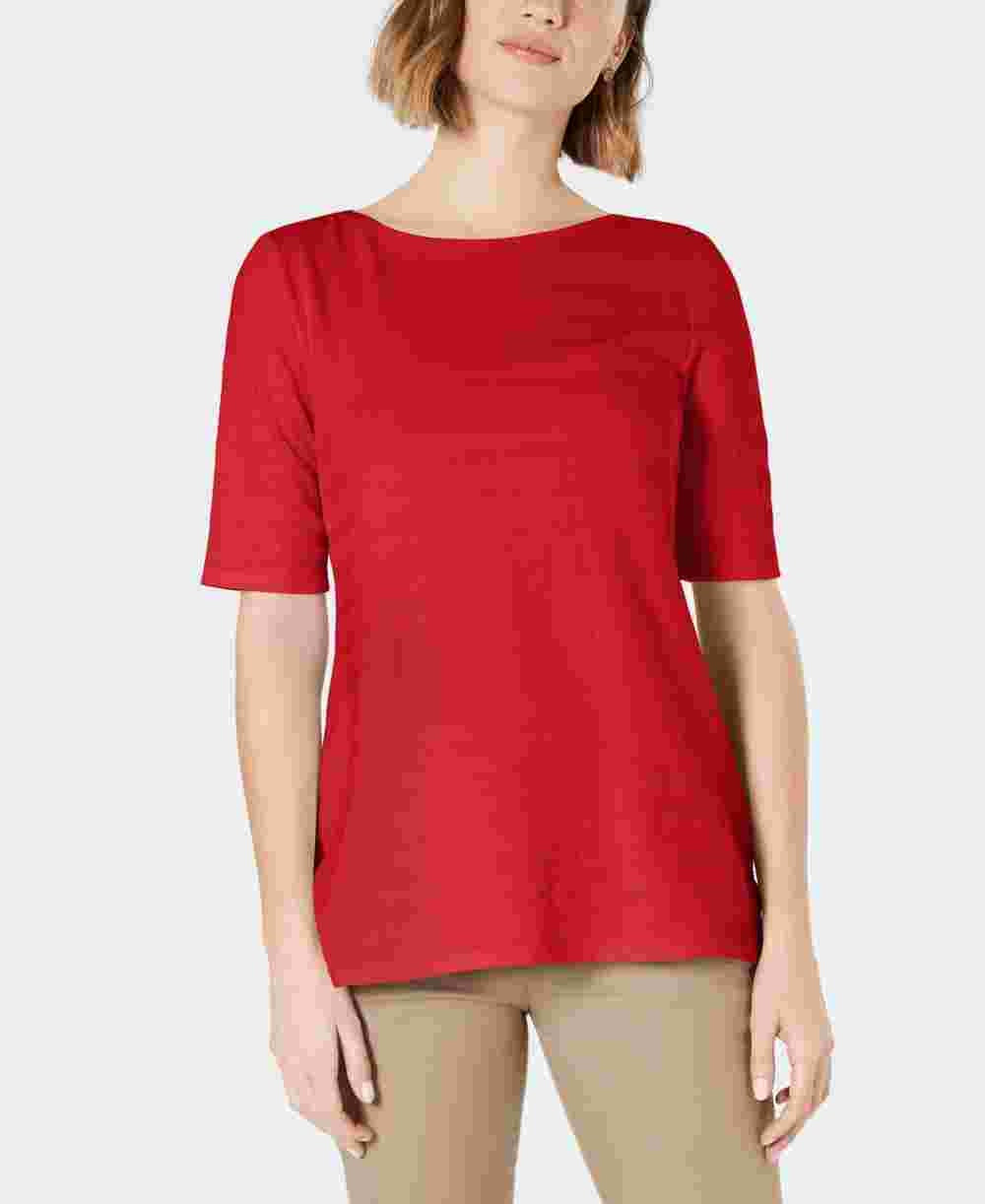 Charter Club Women's Cotton Texture Striped Elbow Sleeve Top Red Size Large
