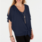 JM Collection Women's Solid Tie Front Necklace Top Blue Size XS