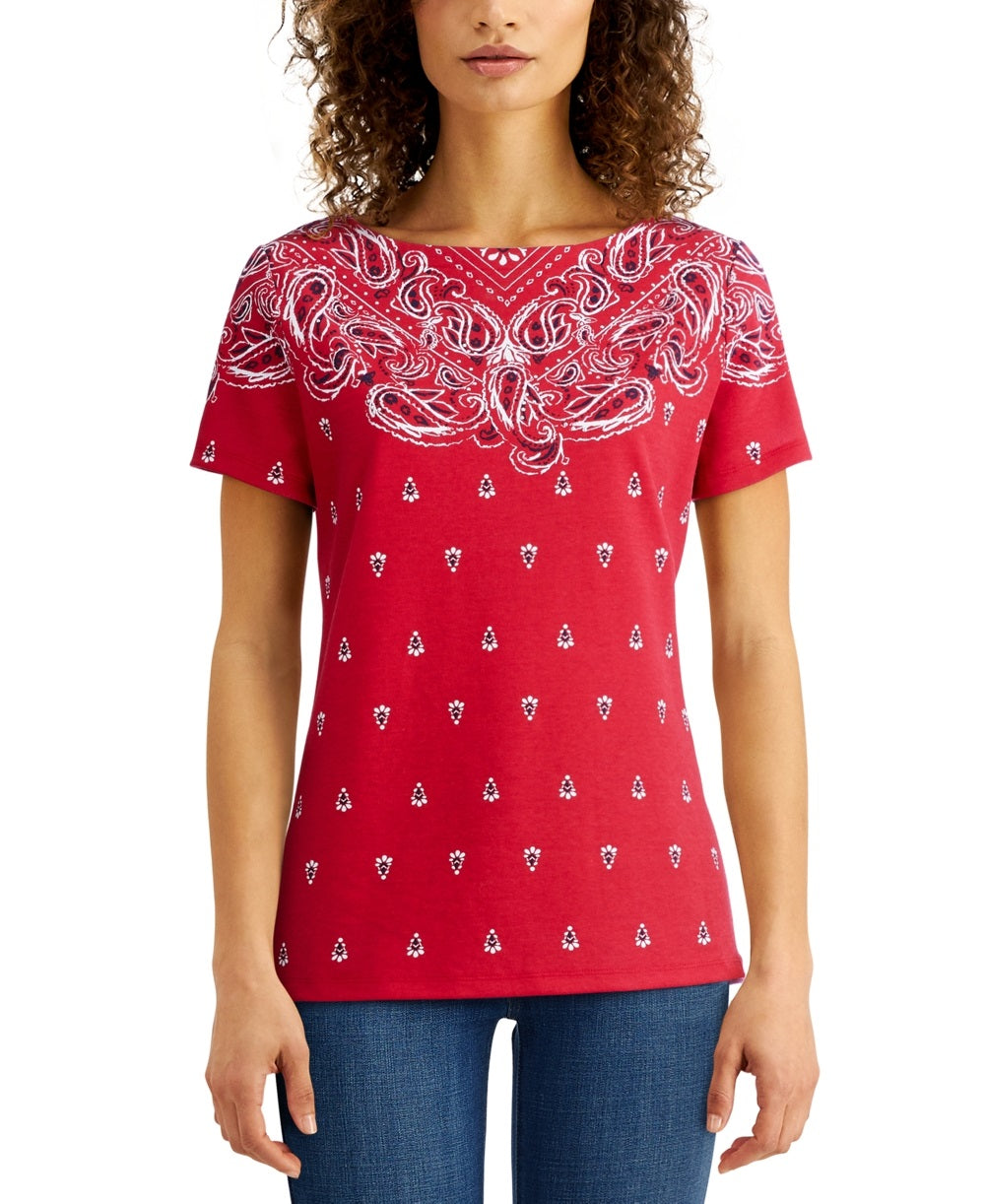 Karen Scott Women's Printed Boat Neck Top Red Size Small