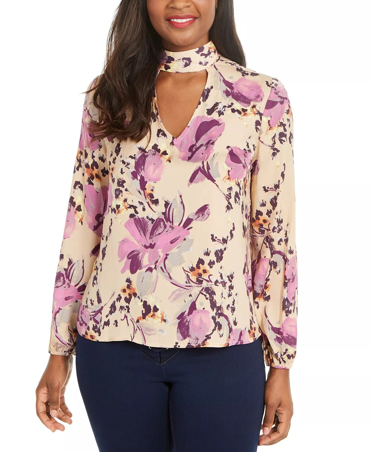 Thalia Sodi Women's Printed Mock-Neck Cutout Top Beige Size Medium