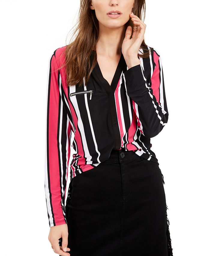 INC International Concepts Women's Striped Long Sleeve V Neck Blouse Pink Size Petite Small