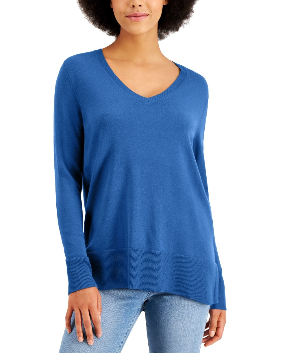 Style & Co Women's V Neck Band Hem Sweater Blue Size Small