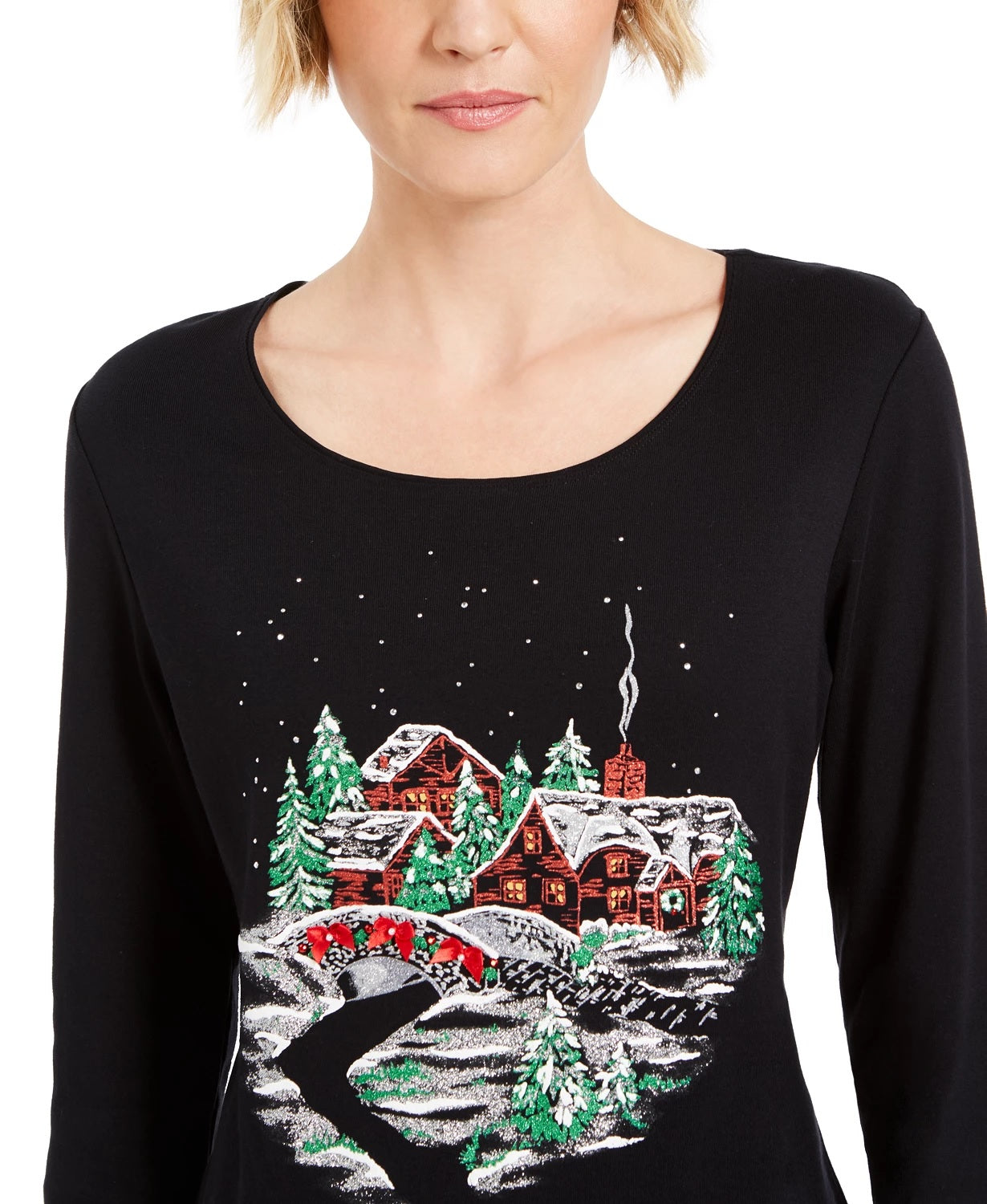 Karen Scott Women's Glitter Graphic Holiday Shirt Black Size Medium