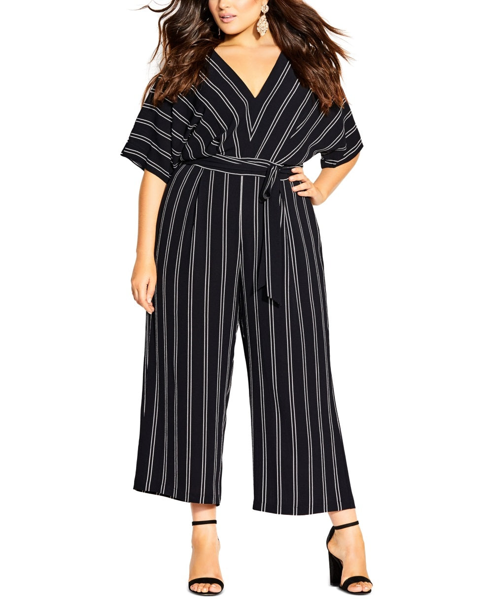 City Chic Women's Trendy Plus Striped Cropped Jumpsuit Black Size 24W