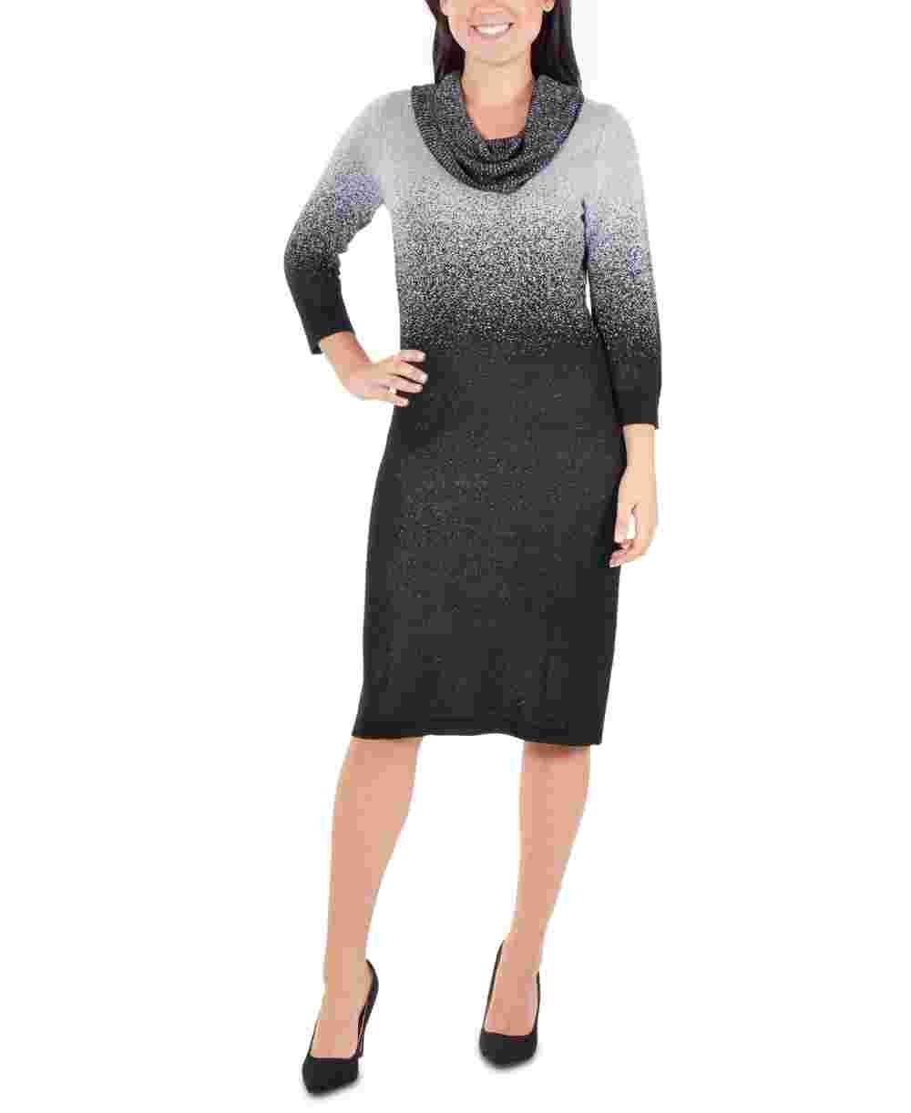 NY Collection Women's Ombre Cowlneck Sweater Dress Silver Size Petite Large