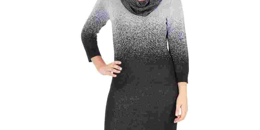 NY Collection Women's Ombre Cowlneck Sweater Dress Silver Size Petite Large
