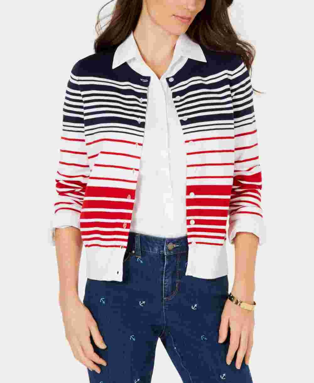 Charter Club Women's Striped Button Down Cardigan  Blue Size Medium