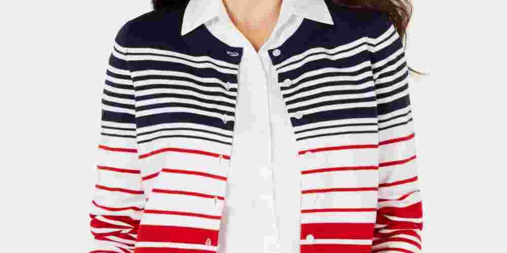 Charter Club Women's Striped Button Down Cardigan  Blue Size Medium