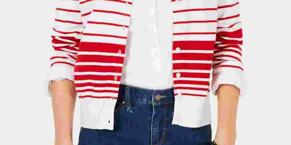 Charter Club Women's Striped Button Down Cardigan  Blue Size Medium