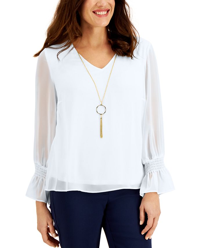 JM Collection Women's Smocked Sleeve Necklace Top White Size XX-Large
