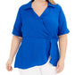 Alfani Women's Blouse Knit Surplice Draped Gathered Blue Size 1X