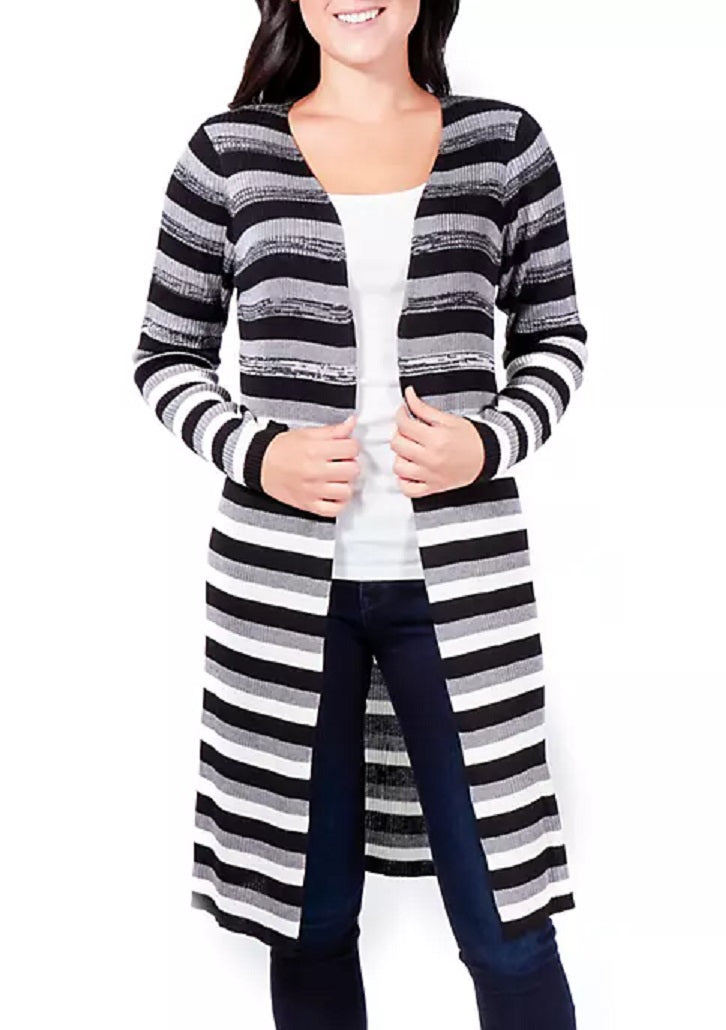 NY Collection Women's Striped Duster Cardigan Black Size Petite Small