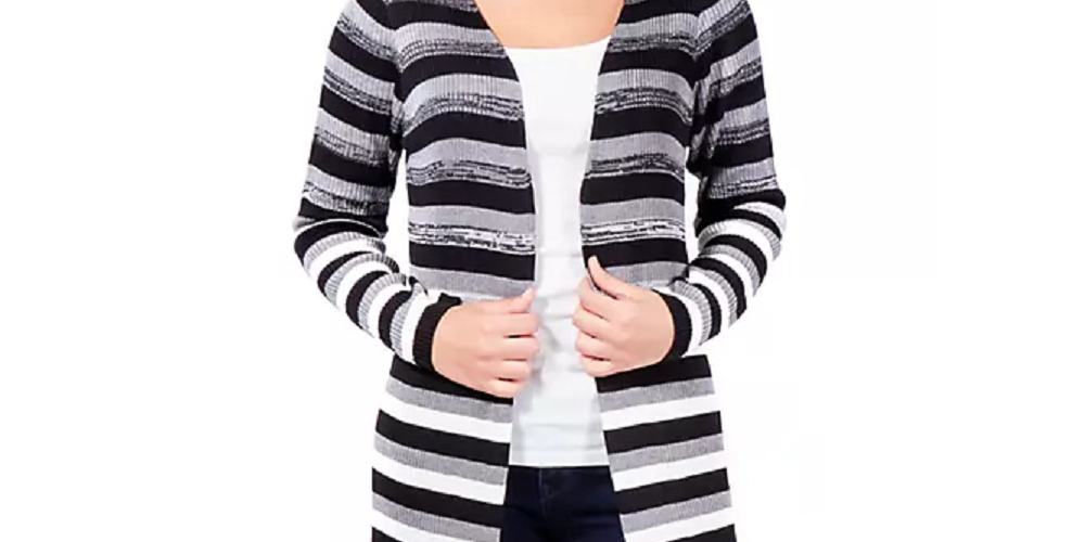 NY Collection Women's Striped Duster Cardigan Black Size Petite Small