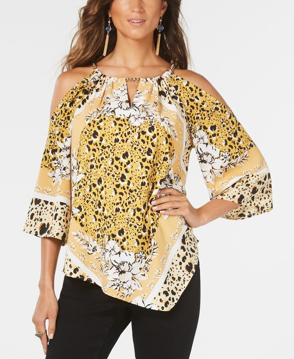 Thalia Sodi Women's Printed Cold-Shoulder Top Beige Size Small